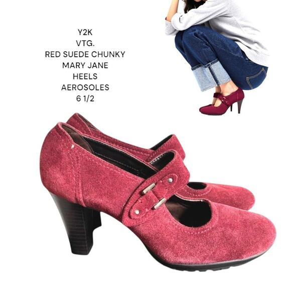 Y2K VTG. RED SUEDE CHUNKY BUCKLE MARY JANE HEELS SIZE 6 1/2. - Picture 1 of 8